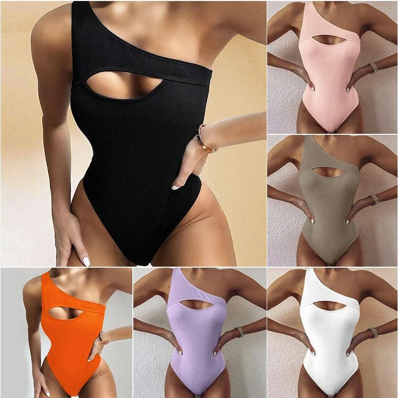 New Bikini Solid Color One-shoulder One-piece Swimsuit Women Mesh Swimsuit Top