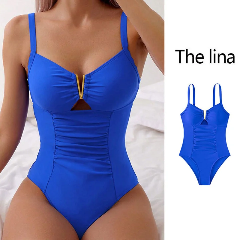 New V-neck Hollow One-piece Bikini Beach Fashion Pleated Belly Slimming Swimsuit Summer Womens Clothing Elegant Ruffled Bikini