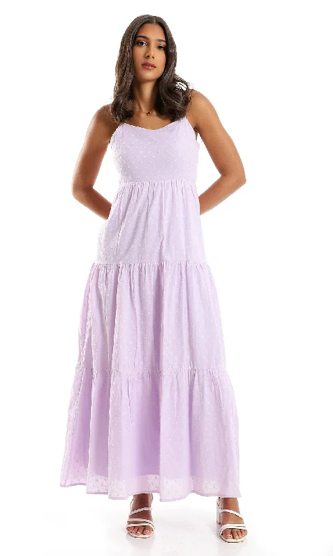 O153322 Cotton Summer Patterned Maxi Dress - Lavender Trendy Maxi Dress with Belt