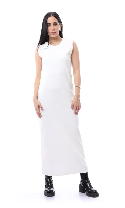 O166316 Off-White Self Ribbed Sleeveless Maxi Dress Fashionable Button-Down Maxi Dress