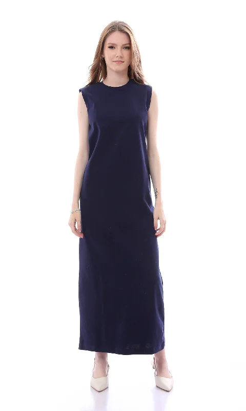 O166317 Chic Dark Navy Blue Sleeveless Regular Fit Maxi Dress Cozy Knit Maxi Dress