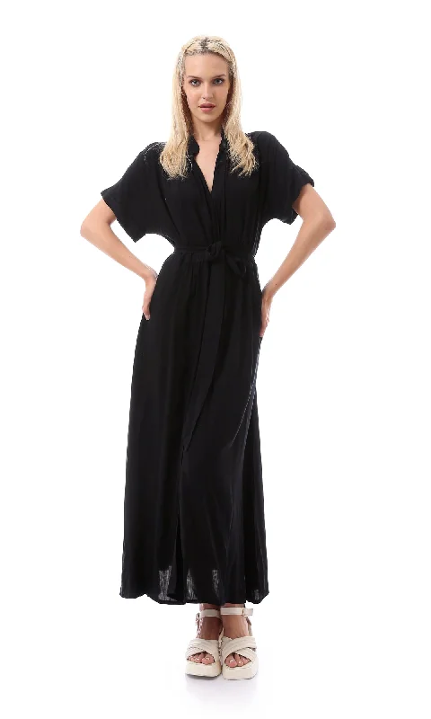 O167205 Women Short Sleeves Black Solid Basic Maxi Dress Trendy Fit-and-Flare Maxi Dress