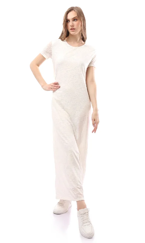 O171223 Heather Off-White Shor Sleeves Cotton Maxi Dress Fashionable Halter Neck Maxi Dress