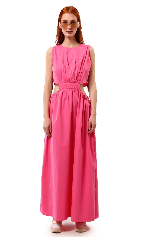 O178817 Fuchsia Elastic Waist Slip On Summer Maxi Dress Trendy V-Neck Maxi Dress