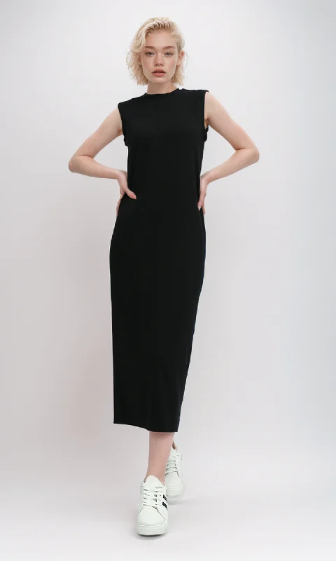 O198523 Round Neck Sleeveless Ribbed Maxi Dress Fashionable Faux Wrap Maxi Dress