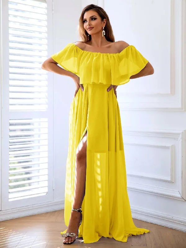 Off-Shoulder Layered Split Maxi Dress Cozy Knitted Maxi Dress