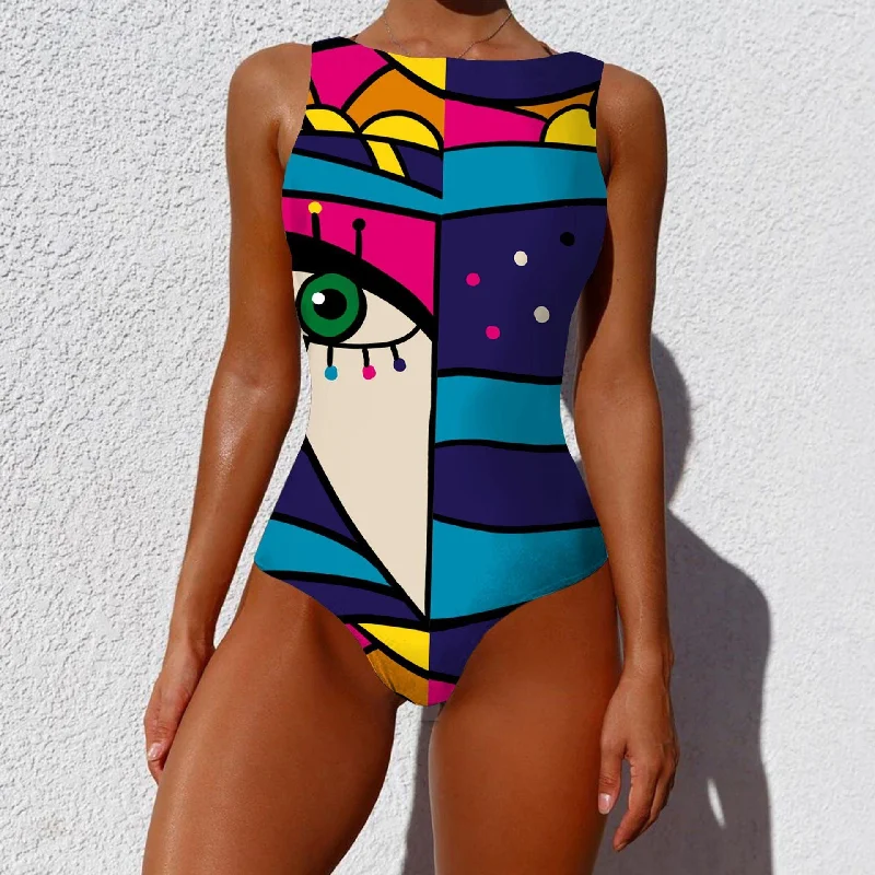 One-piece Fashion Vintage Abstract Print Lady Swimsuit Women Sleeveless Round Neck Bikini Swimwear Summer Push Up Swimsuit Full Coverage Swimsuit