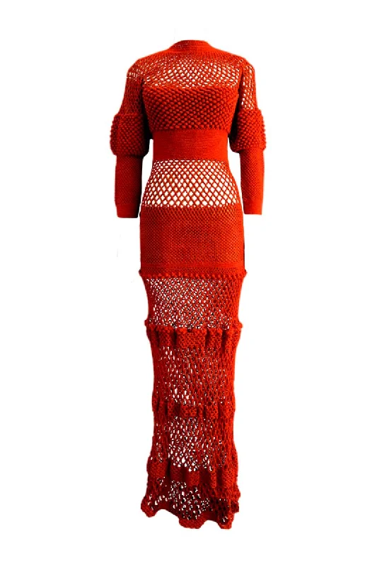 PIAR HAND-WOVEN CROCHET MAXI DRESS Elegant Maxi Dress with Belt