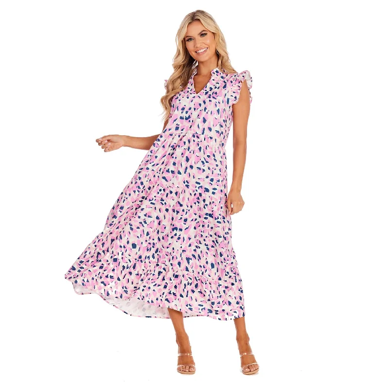 Pink Dot Abstract Adair Tiered Maxi Dress Stylish Maxi Dress with Pleats