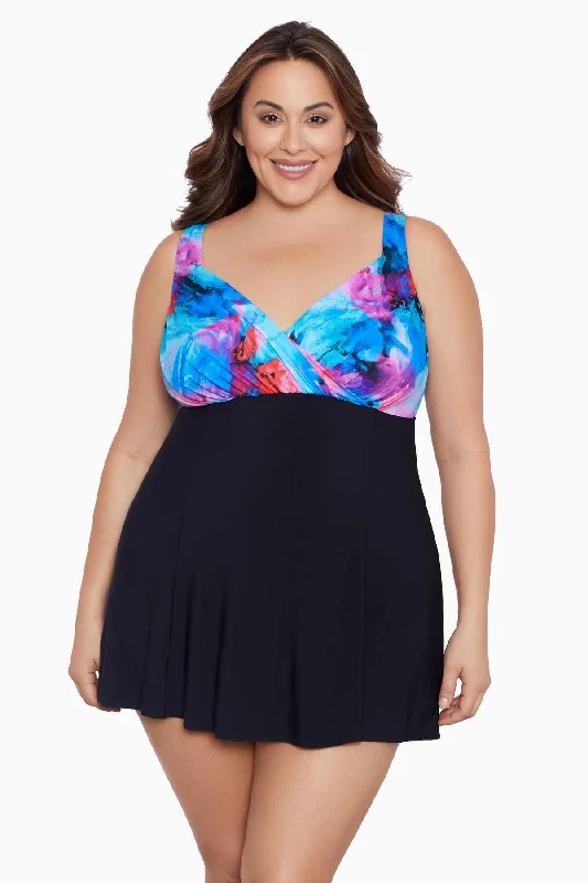 Plus Size Crossover Draped Long Torso Swim Dress Paint Trip Quick-Dry Tankini