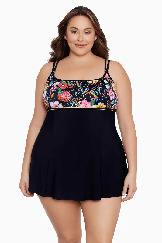 Plus Size Empire Princess Seam Long Torso Swim Dress W/ Hardware True Romance Modern High-Waisted Swimsuit