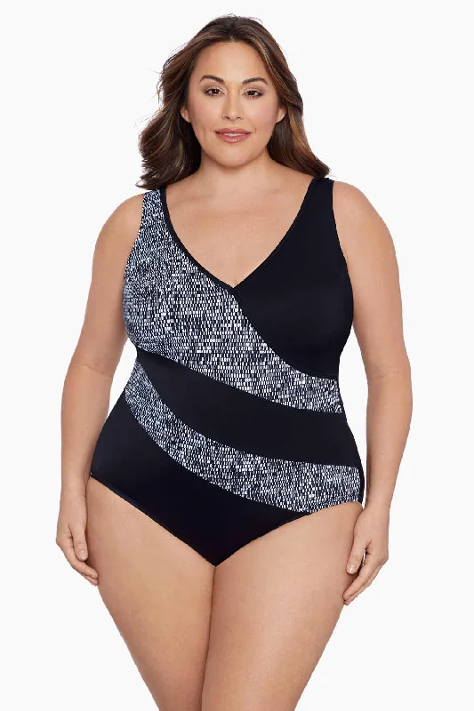 Plus Size Faux Surplice Tank Long Torso One Piece Swimsuit Madison Square High-Waisted Swim Bottoms