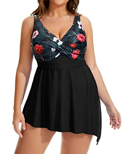 Plus Size Flowy Asymmetrical Hem Swim Dress Shorts-Black Floral Full Coverage Swimsuit