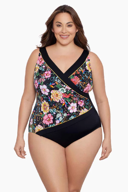 Plus Size Piped Side Shirred Surplice Long Torso One Piece Swimsuit True Romance High-Waisted Swimwear