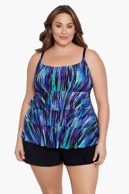 Plus Size Ruffle Faux Shortini W/ Pockets Long Torso One Piece Swimsuit Brilliant Streaks Push-Up Swimsuit Top