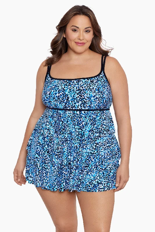 Plus Size Triple Tier Long Torso Swim Dress Spotty Skin Luxury Swimsuit Style