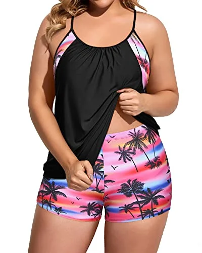 Loose Fit Two Piece Tankini Set Bathing Suits For Women-Black Conut Tree Trendy Swimwear Set