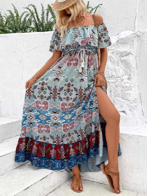 Printed Off-Shoulder Slit Maxi Dress Trendy Ruffled Maxi Dress