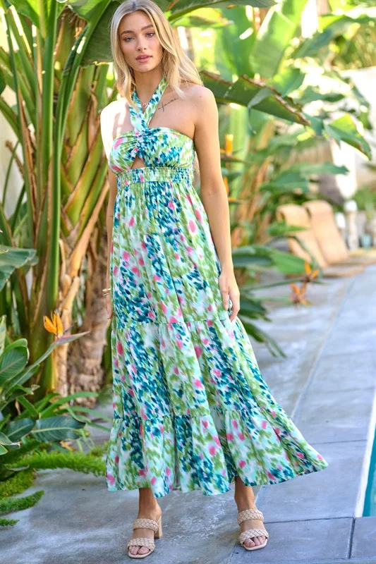 Floral Printed Smocked Ruffle Maxi Dress Chic Summer Maxi Dress