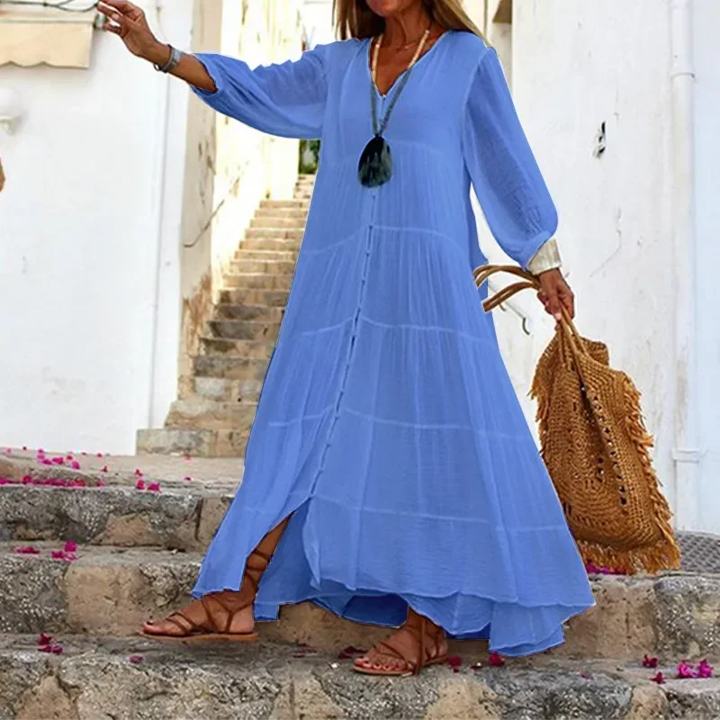 Ramadan /Eid  Women Casual Solid Color Bohemian V-Neck Long Sleeve Cotton And Linen Maxi Dress Comfortable Bohemian Maxi Dress