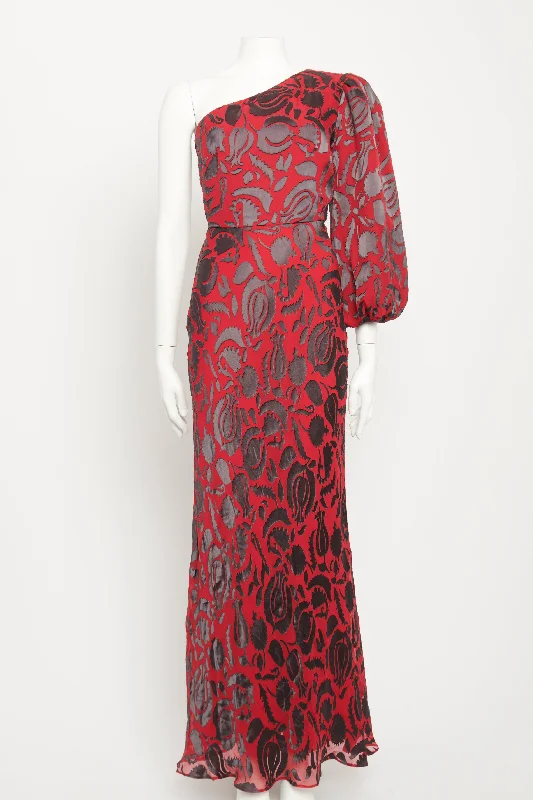 Red Silk Blend Preowned Lily Fil Coupé One Shoulder Maxi Dress Fashionable Off-Shoulder Maxi Dress