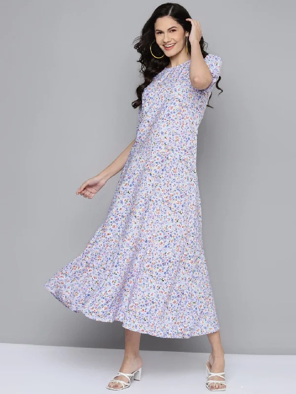 Women Blue Ditsy Floral Puff Sleeve Tiered Maxi Dress Elegant Maxi Dress with Lace