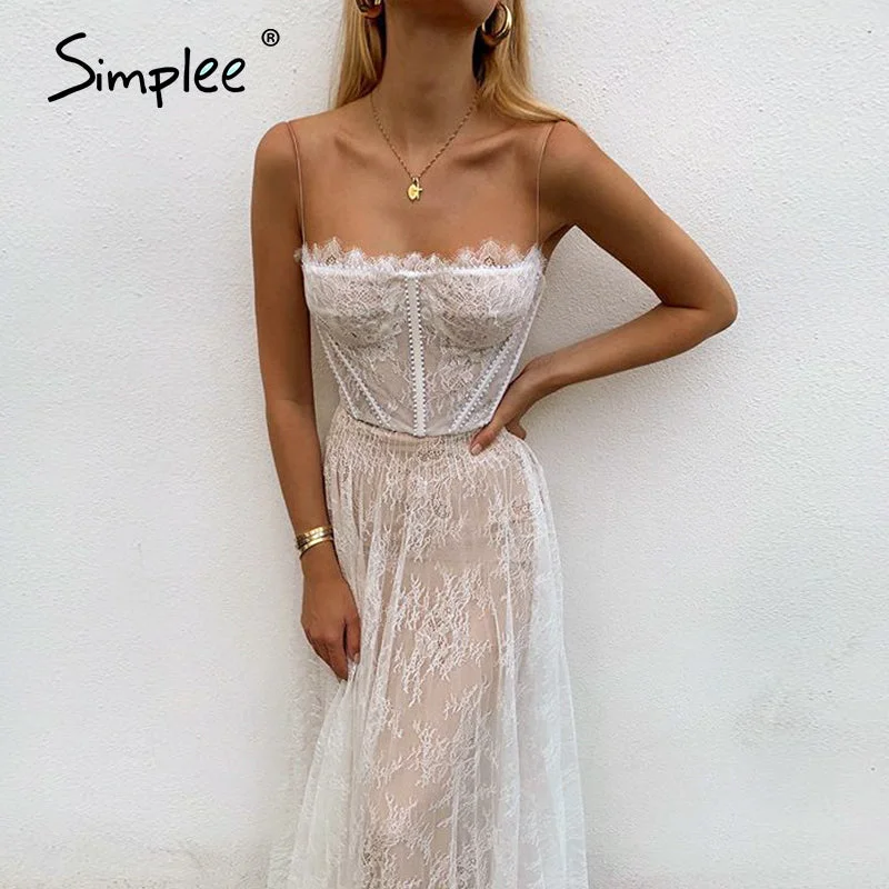 Simplee white lace summer women maxi dress spaghetti strap backless plus size dress Trendy Floral Print Maxi Dress