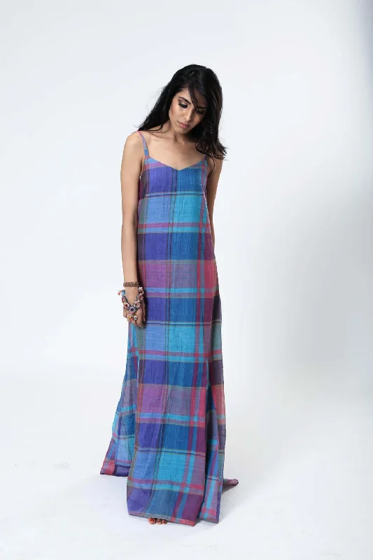 South Cotton Checks Spaghetti Maxi Dress Trendy Off-Shoulder Ruffle Maxi Dress