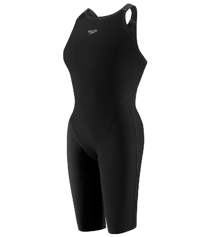 Speedo Women's LZR Racer Pro Recordbreaker Open Back Kneeskin with Comfort Strap Tech Suit Swimsuit  Black Bold High-Cut Bikini