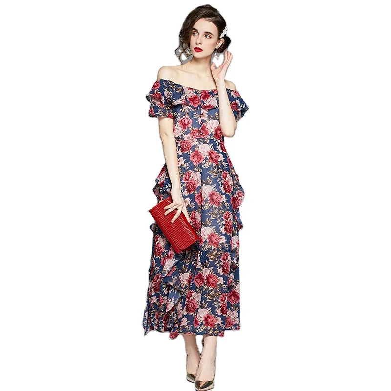 Summer Boat-neck Ruffled Short-sleeved Floral Maxi Dress Classic Tulle Maxi Dress