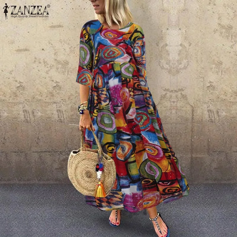 Summer Bohemian Printed ZANZEA Long Maxi Dresses Vintage Vestido Fashionable Maxi Dress with Fringe