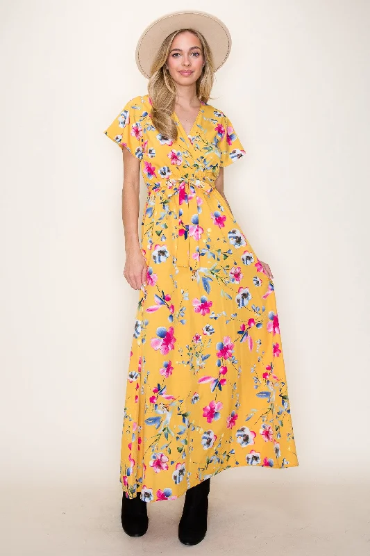 Surplus Self Tie Floral Maxi Dress in Mustard Cozy Maxi Dress with Slit