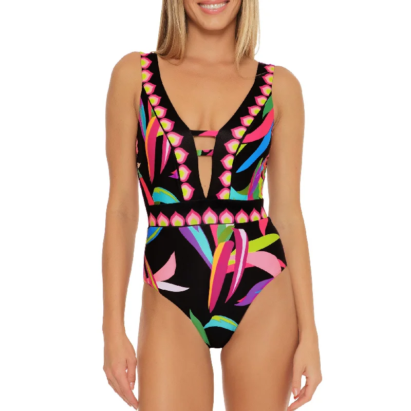 Trina Turk Birds of Paradise Plunge One Piece Womens Swimsuit Elegant Swim Dress