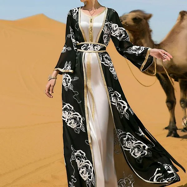 Two-piece lady Maxi dress Black and white flower Embroidery Cozy Wrap Maxi Dress