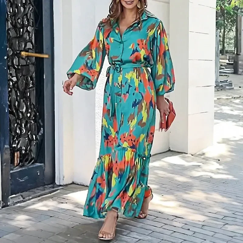 Ramadan /Eid Women Casual Print Lappel Long Sleeve Maxi Dress Comfortable Flowy Maxi Dress