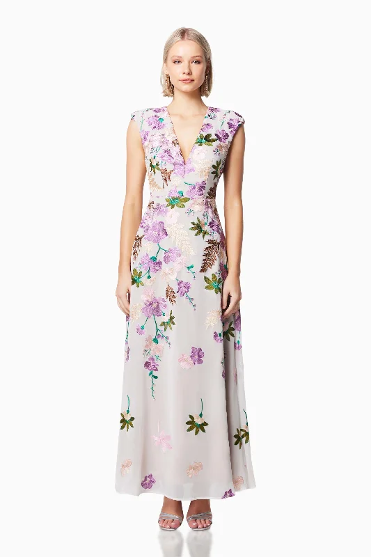 Venetian Floral Maxi Dress In Purple Elegant Maxi Dress with Drapes