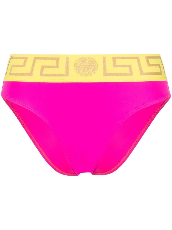 Versace Fuchsia & Canary Yellow Trim Greek Key Swim Bikini Bottom Adjustable Bikini Bottoms