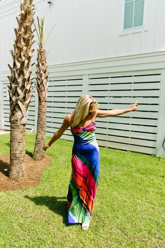 Watercolor Slip Maxi Dress - Multi Trendy Off-Shoulder Ruffle Maxi Dress