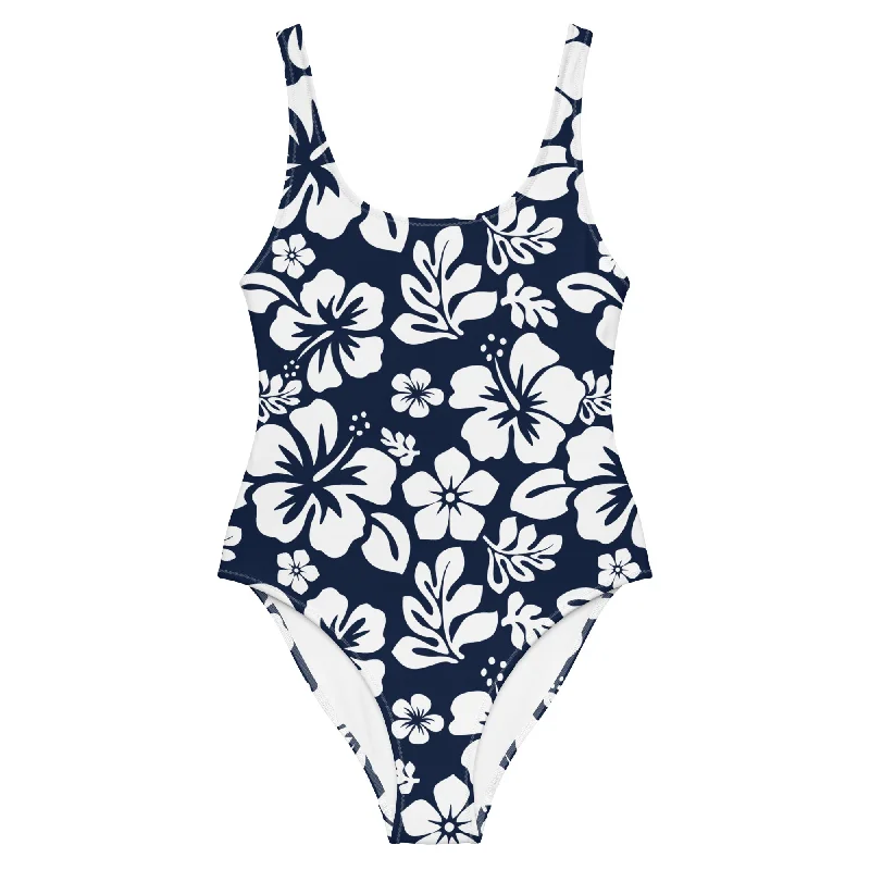 White Hawaiian Flowers on Navy Blue One-Piece Swimsuit Lace-Detail Bikini Set