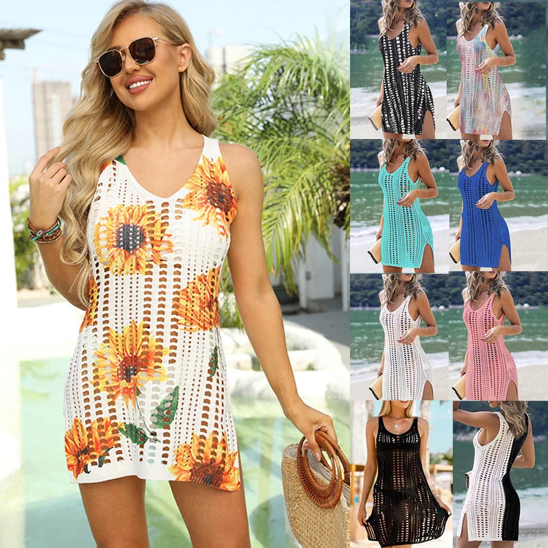 Wholesale 2022 Summer Beach Wear Knitted Crochet Wear Out Hollow Sun Blouse Skirt Plus Size Cover Ups For Swimwear Women Floral Print Swimsuit