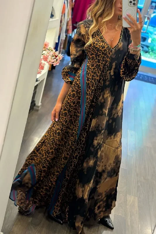 Ramadan /Eid Women Casual Loose V-Neck Leopard Print Long Sleeve Maxi Dress Trendy Button Front Maxi Dress