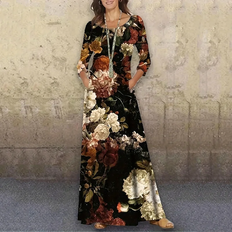 Women Fashion Casual Floral Printing Long Sleeve Maxi Dress Fashionable Printed Maxi Dress