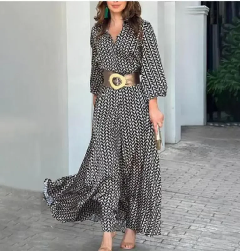 Women Ramadan /Eid Fashion Casual Small Tiny Flower V-Neck Lace-Up Long Sleeve Maxi Dress Fashionable Sleeveless Maxi Dress