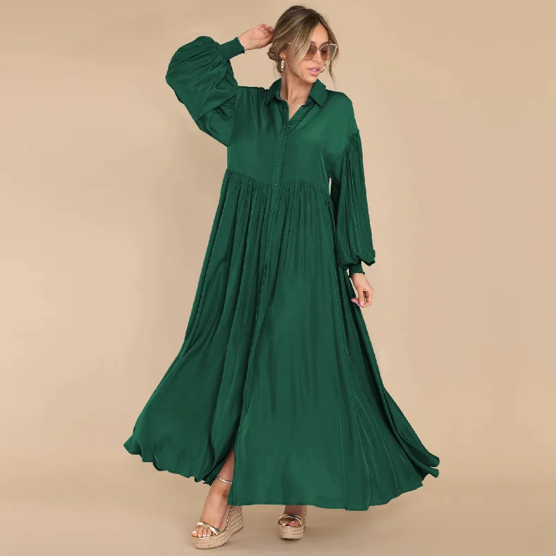 Women Ramadan /Eid Fashion Casual Solid Color Creased Long Sleeve Maxi Dress Comfortable Ruffle Maxi Dress