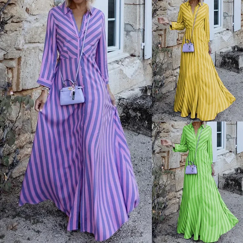 Women Ramadan /Eid Fashion Casual Stripe Long Sleeve Maxi Dress Chic Summer Maxi Dress