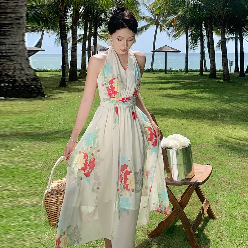 Women Fashion Elegant Vacation Floral Printed Halter Neck Backless Sleeveless Defined Waist Maxi Dress Chic Off-Shoulder Maxi Dress