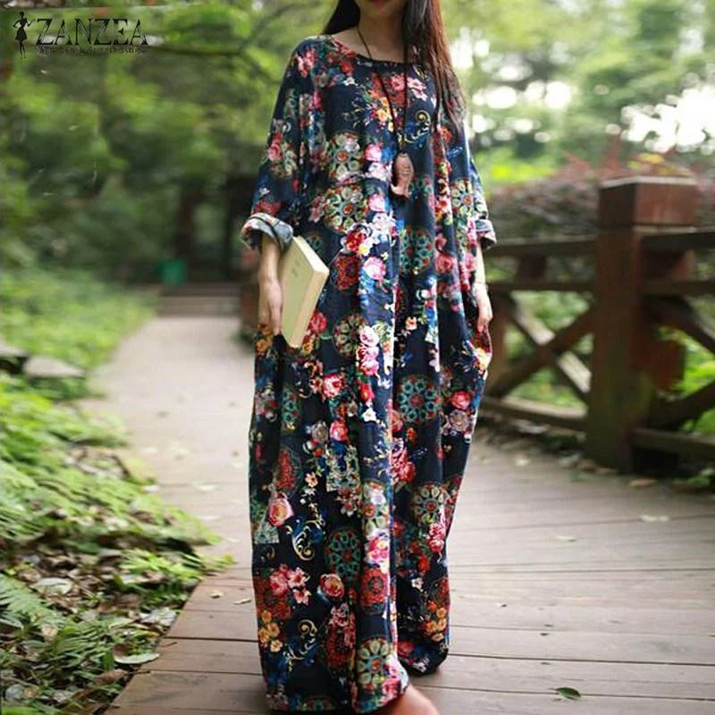 Women Full Sleeves Floral Print Cotton Maxi Dress Comfortable Fitted Maxi Dress