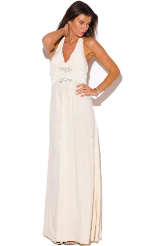 Ivory Halter Empire Waist  Party Evening Maxi Dress Fashionable Off-Shoulder Maxi Dress