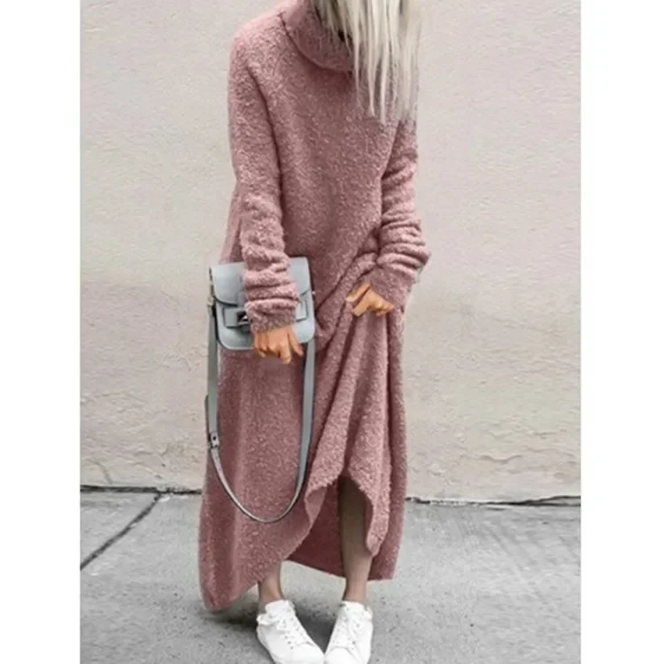 WomenAutumn And Winter Fashion Casual Plush Solid Color High Collar Long Sleeve Maxi Dress Stylish Empire Waist Maxi Dress