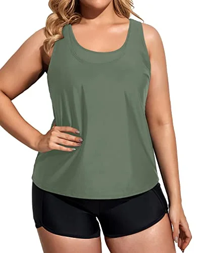 Scoop Neck Plus Size 3 Piece Tankini Set With Sports Bra & Boy Shorts For Women-Army Green And Black Trendy Swimsuit Bottoms